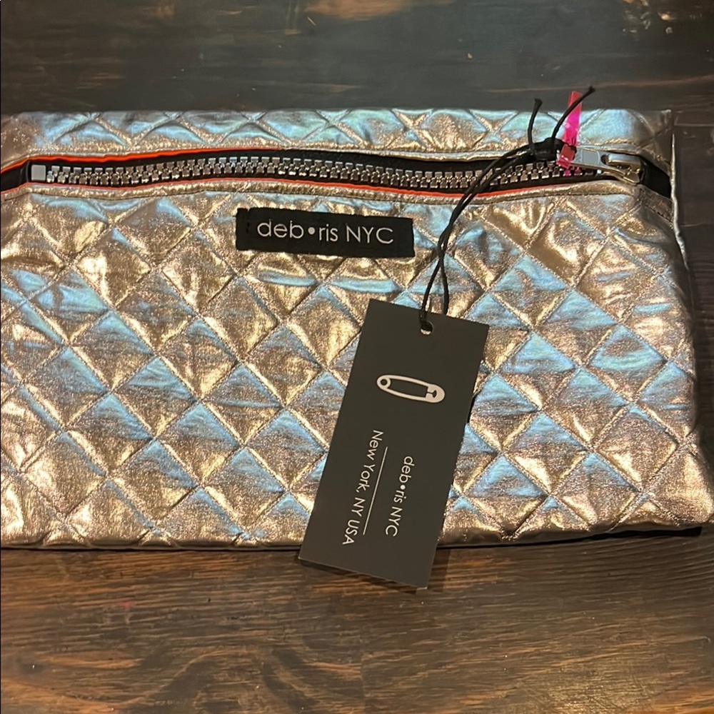 Silver Quilted Metallic Makeup Back with Orange Contrast Lining
